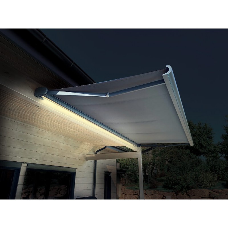 Store Ombrazur Store banne Coffre PROTECT LED Blanc 6x3,5m Motorisé + LED -  Toile Grise Rayée