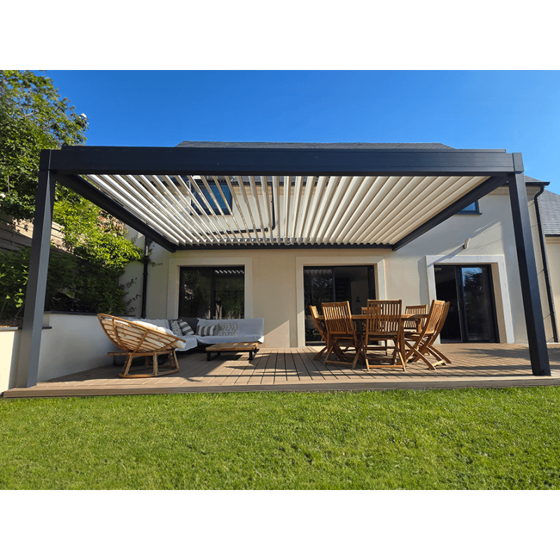 Pergola Bioclimatique Aluminium H3 Adossée Lames Orientables Perpendiculaires Électrique (Moteurs Double Vérins) Sur Mesure