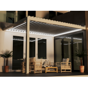 Pergola bioclimatique S3 lames perpendiculaires maison en L poteau gauche