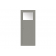 Porte de service PVC 1 vantail gris clair teinté masse avec oculus 1/4