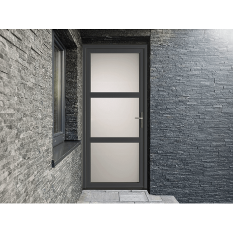Porte d'Entrée Aluminium vitrée intégralement sablé dépoli & 2 traverses