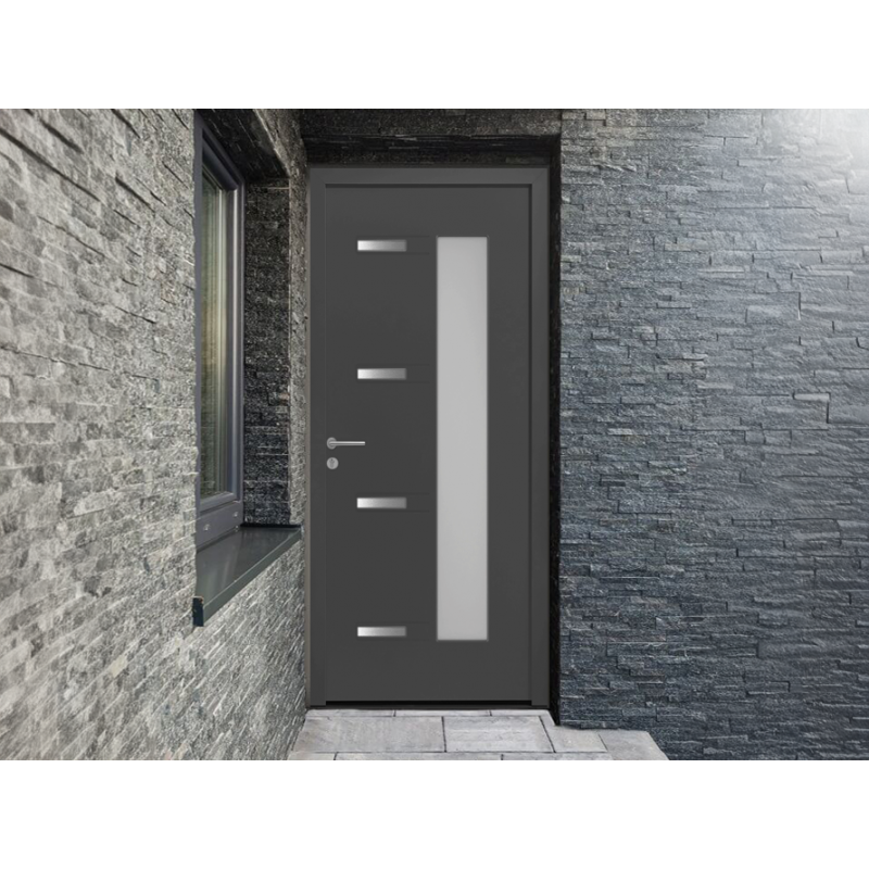 Porte d'Entrée Aluminium Dormelle Vitrage Rectangle & Décors Alu Brossé Sur Mesure