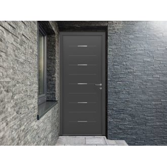 Porte d'Entrée Aluminium Mako Pleine & Traverses Horizontales Alu Brossé Sur Mesure