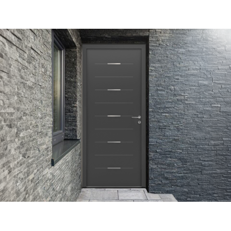 Porte d'Entrée Aluminium Mako Pleine & Traverses Horizontales Alu Brossé Sur Mesure