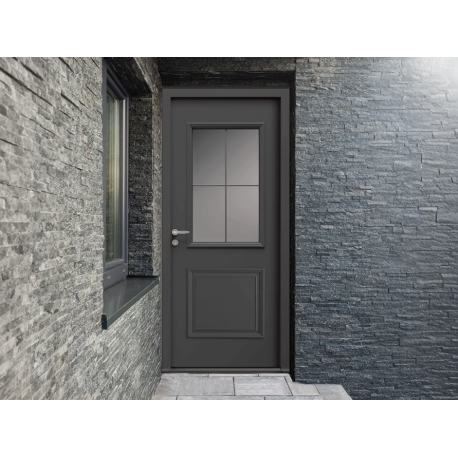 Porte d'Entrée Aluminium Aloé 42 Vitrage 4 Carreaux Plomb Sur Mesure