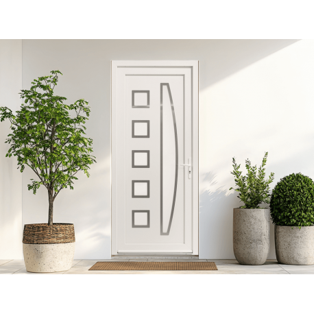 Porte d'Entrée PVC Solano Vitrage Demi-Lune + 5 Carrés Sablé Dépoli