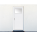 Porte de Service PVC 1 Vantail VEKA Ouvrant à la Française Vitrage Anti-Effraction Oculus 1/4 Haut Sur Mesure