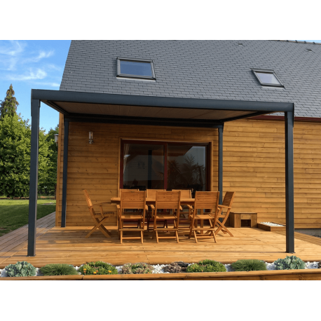 Pergola toile enroulable autoportée maison bois 4x4 gris anthracite
