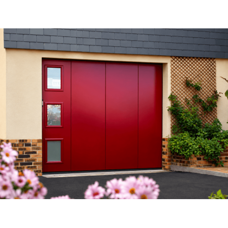 Porte de Garage Coulissante Avec x3 Hublots SOMFY Rouge 3004 Finition Lisse