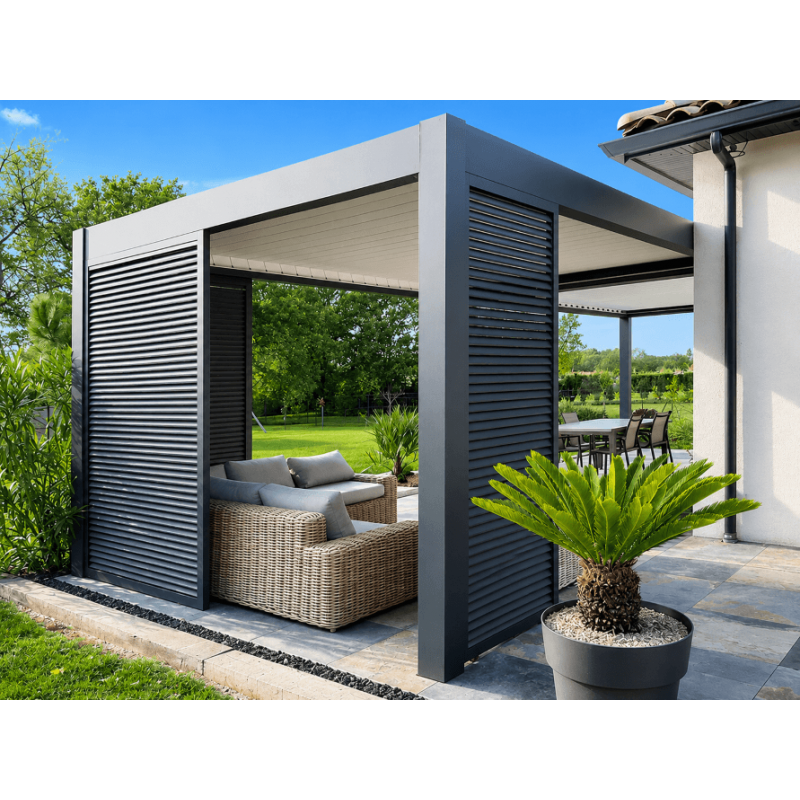 Claustra Brise Vue sur Pergola Lames Horizontales Gris Anthracite