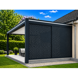 Claustra Gris Anthracite sur Pergola Coulissant 2 Vantaux Tôle Perforée Bulles