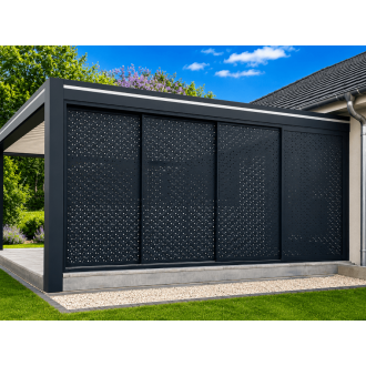 Claustra Gris Anthracite sur Pergola Coulissant 4 Vantaux Tôle Perforée Bulles