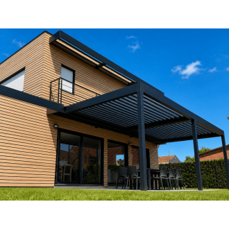 Pergola Bioclimatique Aluminium H3 Adossée Lames Orientables Parallèles Électrique (Moteurs Double Vérins) Sur Mesure