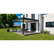 Pergola bioclimatique gris anthracite lames perpendiculaires blanches