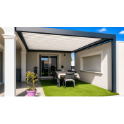 Pergola bioclimatique lames perpendiculaires 2 murs en L poteau gauche