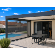 Pergola Bioclimatique Entre 2 Murs en L 5x4.5m avec Store Latéral Coffre 115 Micro-perforé