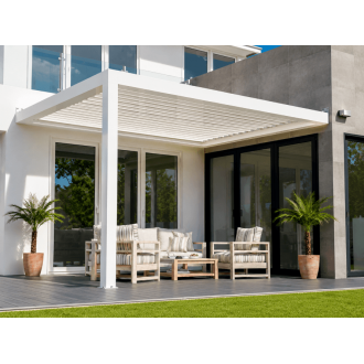 Pergola Bioclimatique S3 Lames Parallèles Entre 2 Murs Terrasse en L 1 Poteau Droit