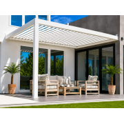 Pergola bioclimatique S3 lames perpendiculaires maison en L poteau gauche