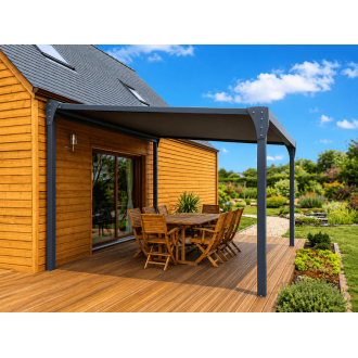 Pergola toile enroulable autoportée maison bois 4x4 gris anthracite