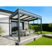 Pergola Aluminium Toit Plat Panneaux Sandwich 16mm Adossée 4.3x3m avec Spots Led et Vitrages Panoramiques