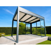 Pergola Aluminium Toit Plat Panneaux Sandwich 16mm Autoportée 4.3x3m avec Spots Led et Vitrages Panoramiques