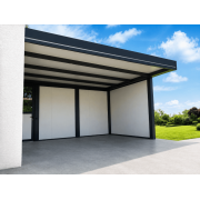 Carport Aluminium Toit Plat Panneaux Sandwich 16mm Adossé Poteau Déporté avec Claustras Pleins Panneaux Sandwich