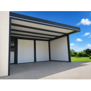 Carport Aluminium Toit Plat Panneaux Sandwich 16mm Autoporté Poteau Déporté avec Claustras Pleins Panneaux Sandwich