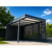 Carport 6m 4 Poteaux dont 2 Déportés Toit Plat Panneaux Sandwich 16mm avec Claustras Lames Horirontales Gris Anthracite