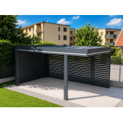 Carport 6m Autoporté avec 2 Poteaux Déportés Toit Plat Panneaux Sandwich 16mm avec Claustras Lames Horirontales Gris Anthracite