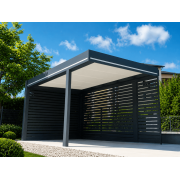  	Carport 6m 4 Poteaux dont 2 Déportés Toit Plat Panneaux Sandwich 62mm avec Claustras Lames Horirontales Gris Anthracite