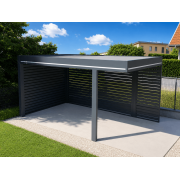 	 	Carport 6m Autoporté avec 2 Poteaux Déportés Toit Plat Panneaux Sandwich 62mm avec Claustras Lames Horirontales Gris Anthraci