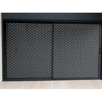 Claustra Gris Anthracite sur Pergola Coulissant 2 Vantaux Tôle Perforée Bulles
