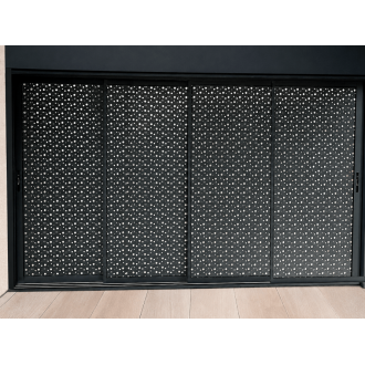 Claustra Gris Anthracite sur Pergola Coulissant 4 Vantaux Tôle Perforée Bulles