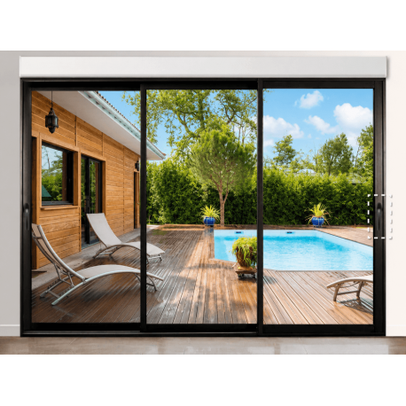 Baie coulissante 3 vantaux ouvrant principal à droite avec volet roulant intérieur intégré