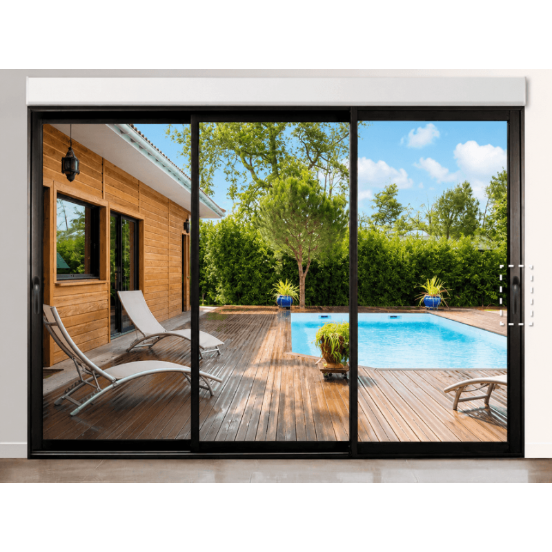 Baie coulissante 3 vantaux ouvrant principal à droite avec volet roulant intérieur intégré
