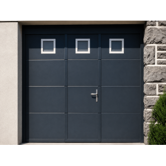 Porte de Garage Sectionnelle SOMMER + Portillon Service avec 3 Hublots