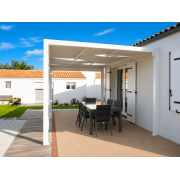 Pergola toile tendue entrelacée autoportée 6x4 contre maison