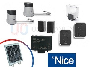 Moteur NICE SOLAIRE Hoppkit, Largeur Max : 2.3 m / vantail (2 Moteurs, 2 Télécommandes, 2 Photocellules, 1 Feu, Kit Solaire)