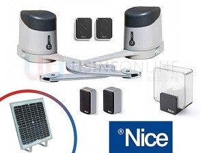 Moteur NICE SOLAIRE Hykekit, Largeur Max : 2.5 m / vantail (2 Moteurs, 2 Télécommandes, 2 Photocellules, 1 Feu, kit Solaire)