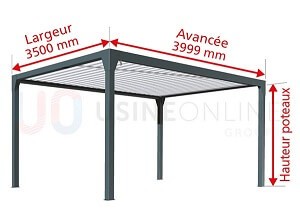 Dimensions : Avancée 3999 mm x Largeur 3500 mm x Hauteur Poteaux 2300 mm - Auto-Portée - Lames Parallèles