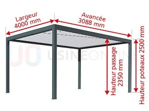 Dimensions : Avancée 3088 mm x Largeur 4000 mm x Hauteur Poteaux 2500 mm - Auto-Portée - Lames Parallèles 