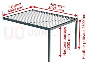 Dimensions : Avancée 3088 mm x Largeur 4000 mm x Hauteur Poteaux 2500 mm - Adossée - Lames Parallèles 