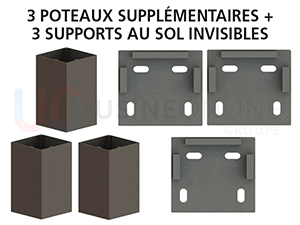 3 Poteaux Supplémentaires + 3 Supports au Sol Invisibles (Vis + Supports Fournis) - Hauteur + Teinte Identique à la Structure